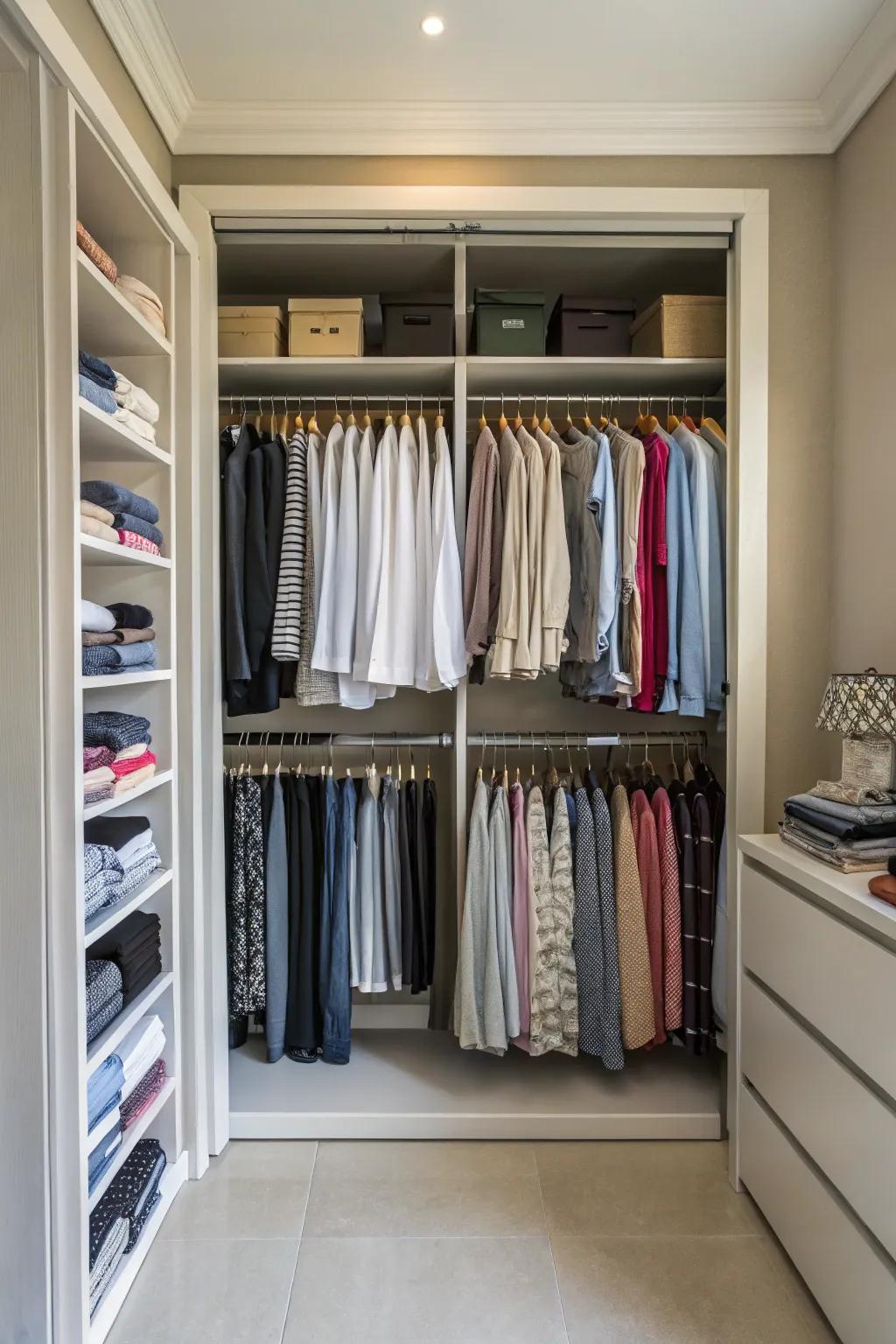 Enhance vertical space by utilizing double hanging rods for a more methodical closet arrangement.