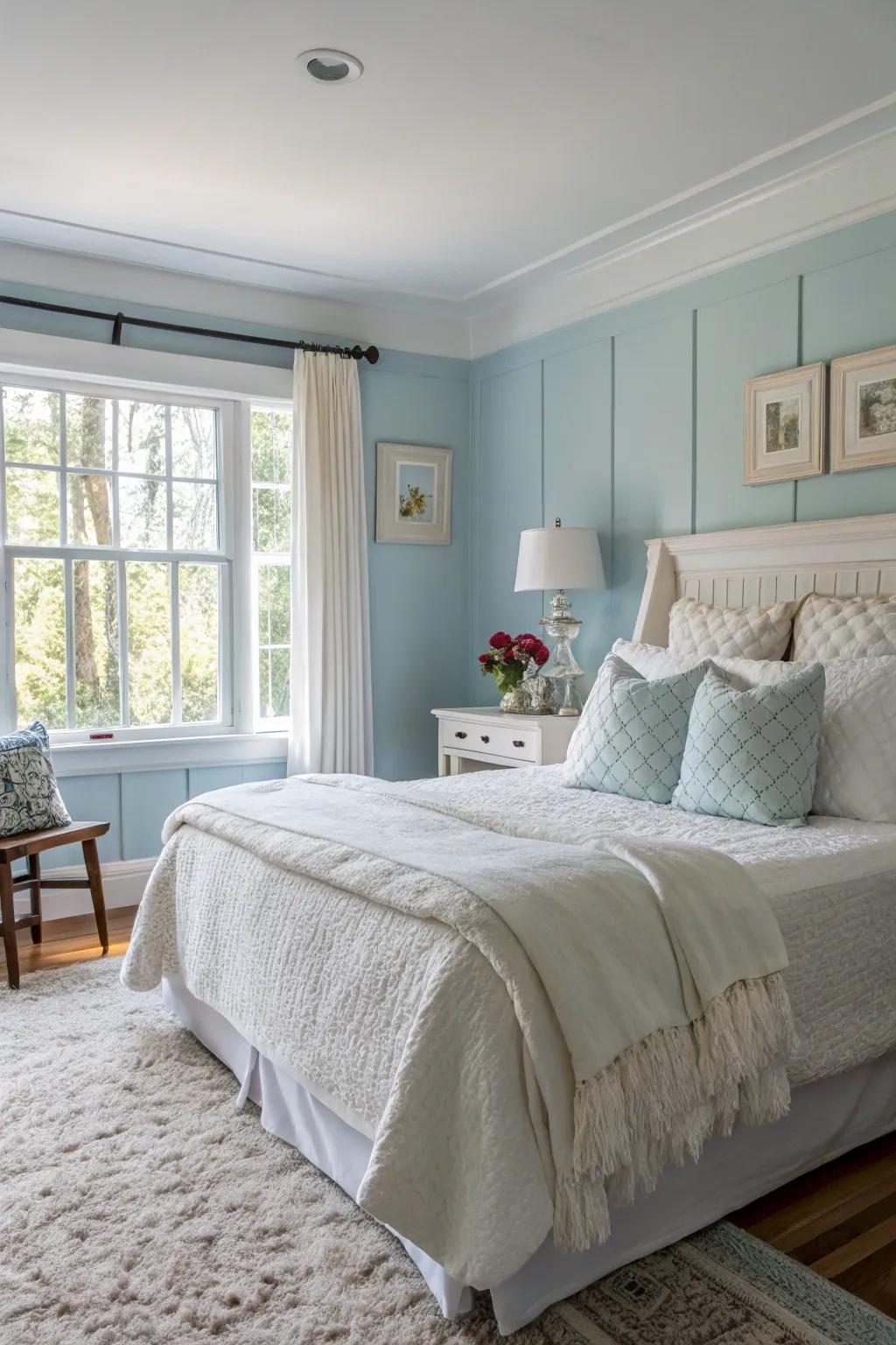 Achieve a soothing vibe with soft blue shades.