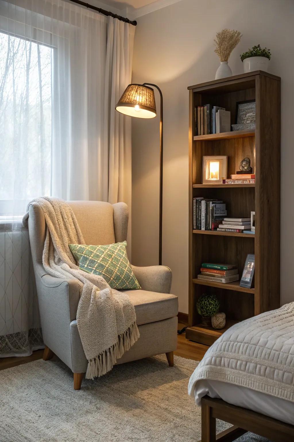 Make a reading spot with a cozy chair and gentle lighting.