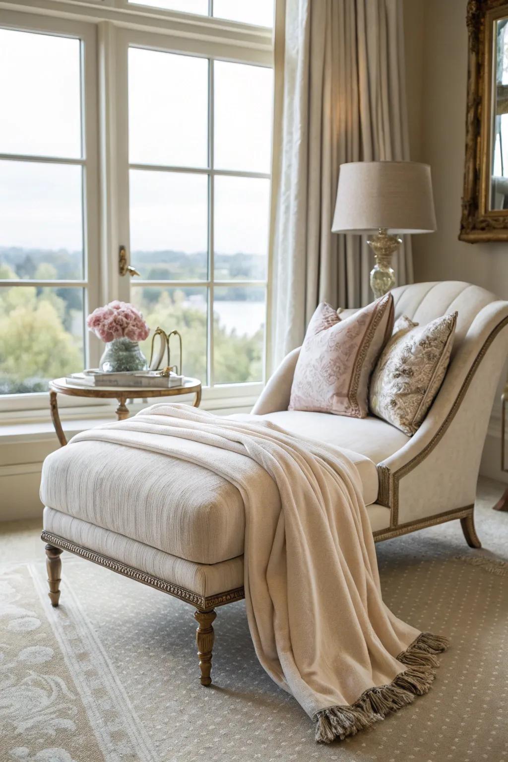 A serene bedroom corner featuring a chaise lounge, ideal for relaxation and reading by the window.