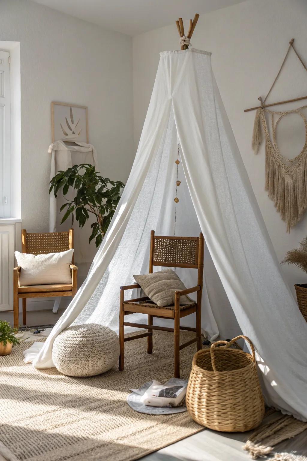 Relive cherished childhood moments with an unadorned sheet shelter&mdash;a serene sanctuary for a peaceful afternoon.