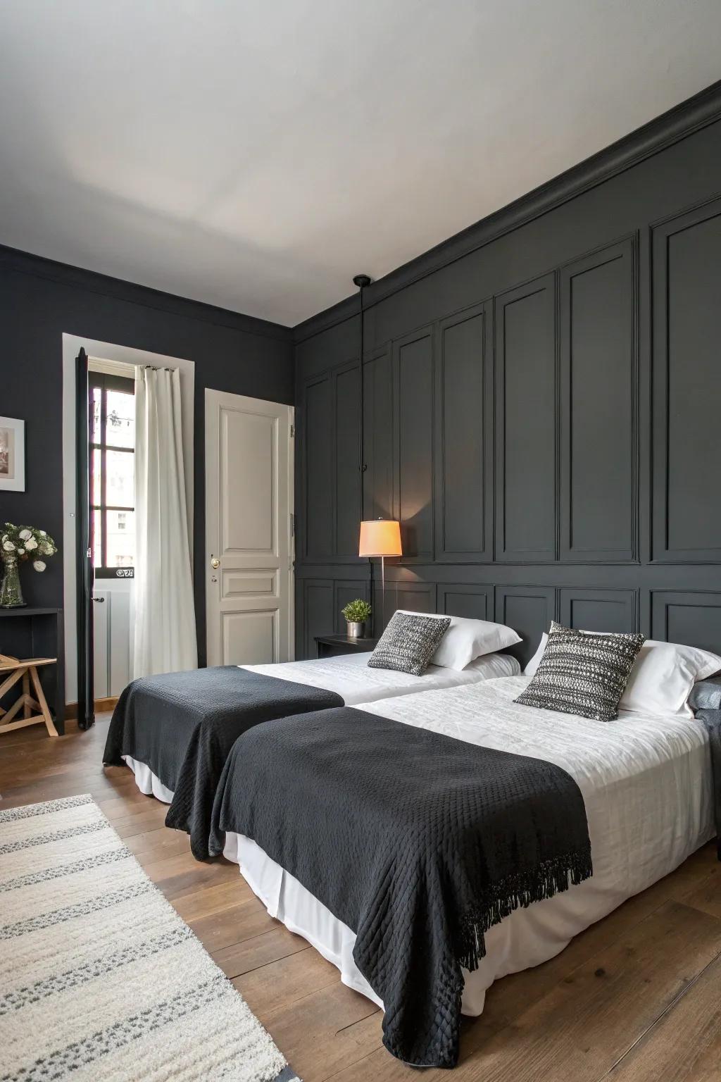A masculine bedroom with a dark gray palette and minimalist decor.