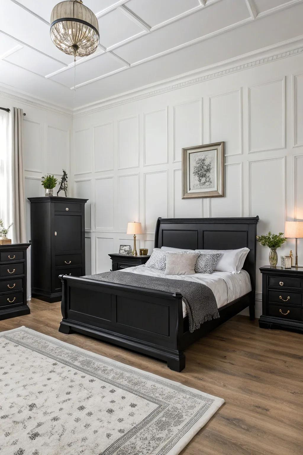 Refined dark furnishings displayed against a serene backdrop of immaculate ivory walls, achieving a timeless aesthetic.