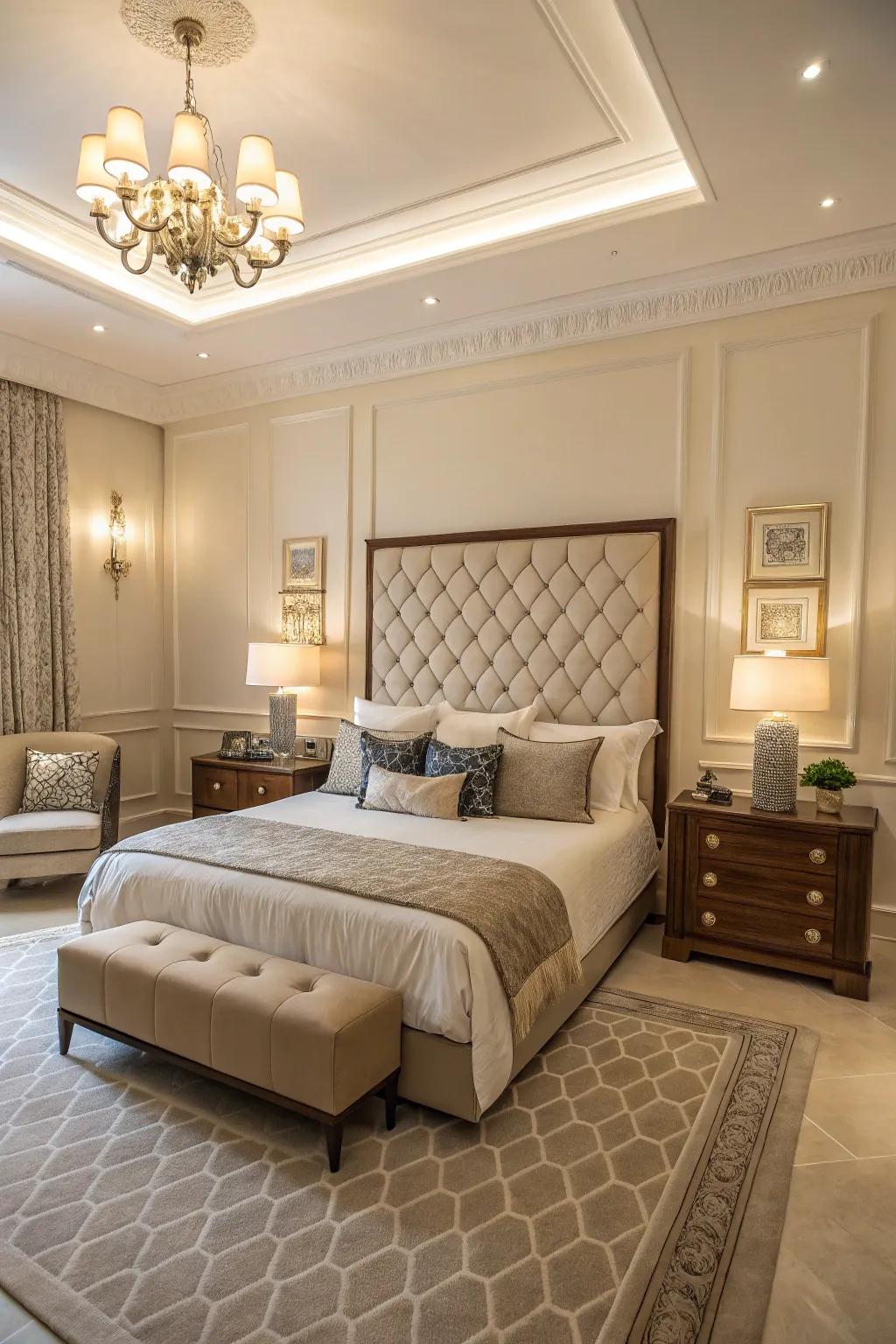 Achieve symmetry using a central bed setup with matching bedside tables.