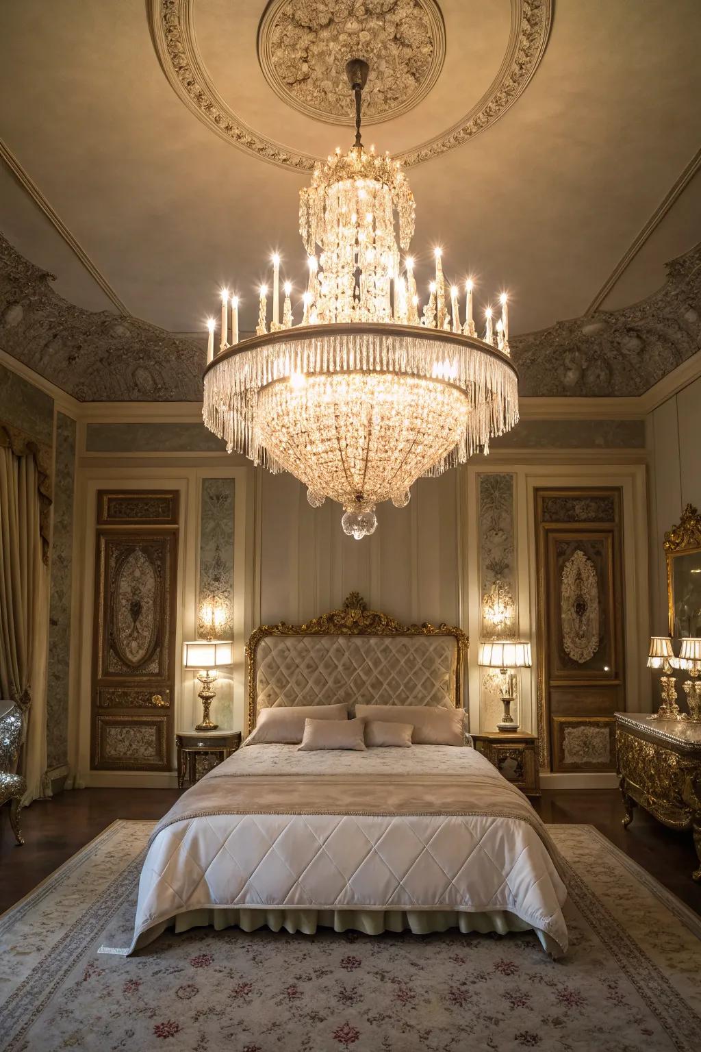 An eye-catching chandelier brings grace to the bedroom.