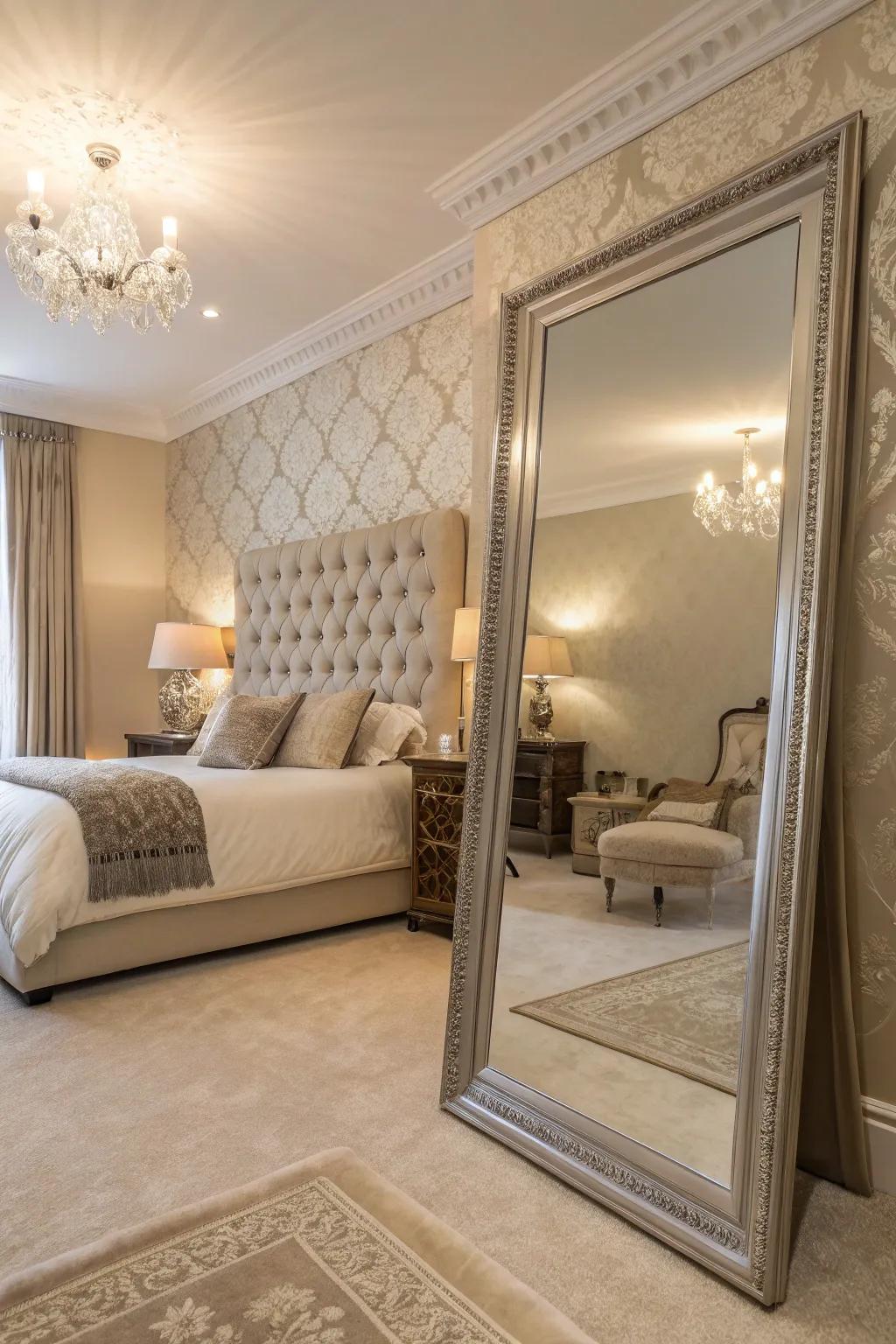 A beautifully arranged bedroom featuring a full-body mirror that enhances space and elegance.