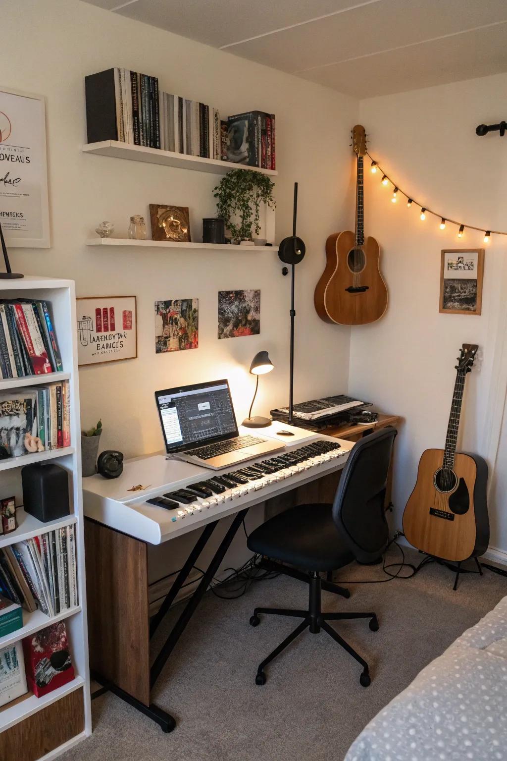 Smart utilization of a bedroom corner to create a compact, yet highly functional music studio arrangement.