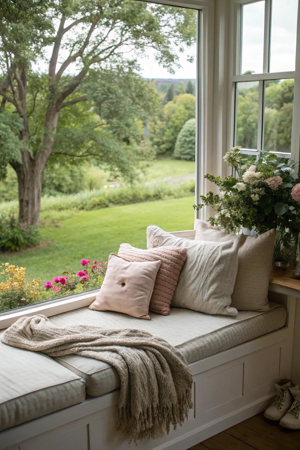 A sweet window seat in a bedroom, just right for unwinding and gazing at the garden.