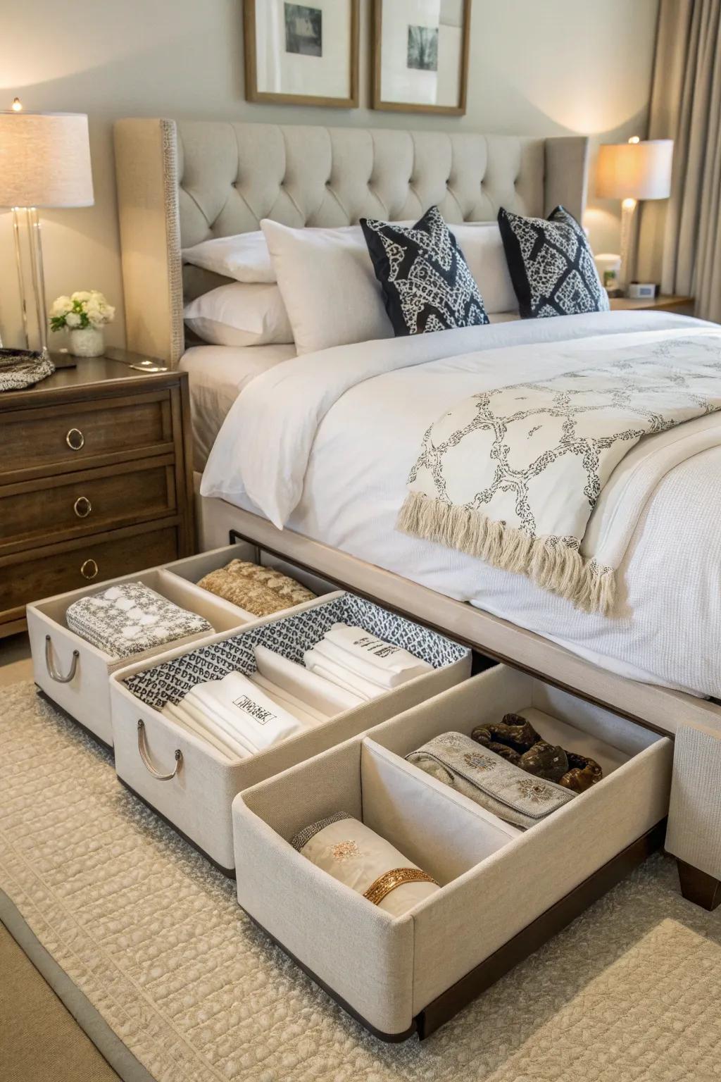 Utilize the space under your bed for smart storage solutions.