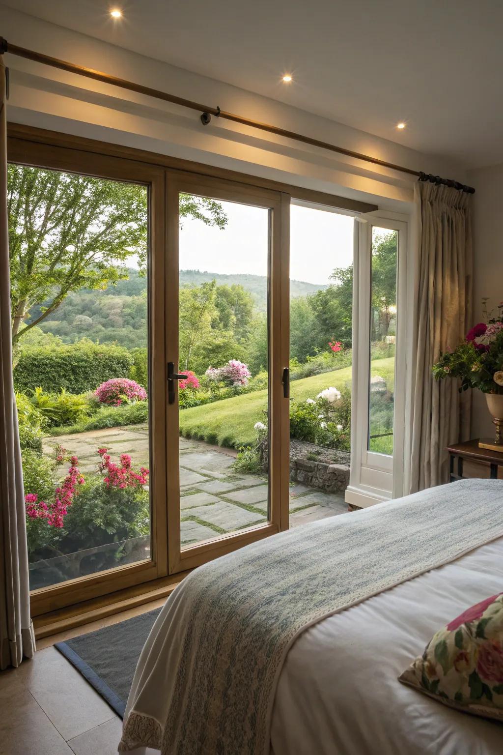 Full-height glass doors provide an unobstructed view of the beautiful garden.
