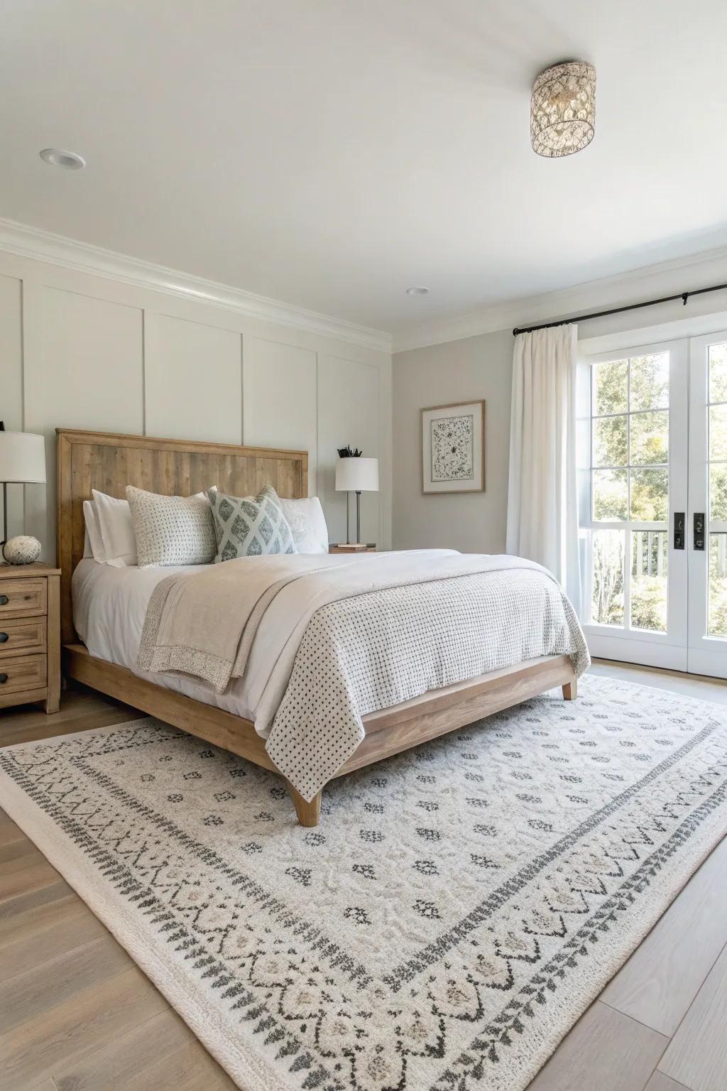 A large floor covering provides warmth and grounds the bedroom.