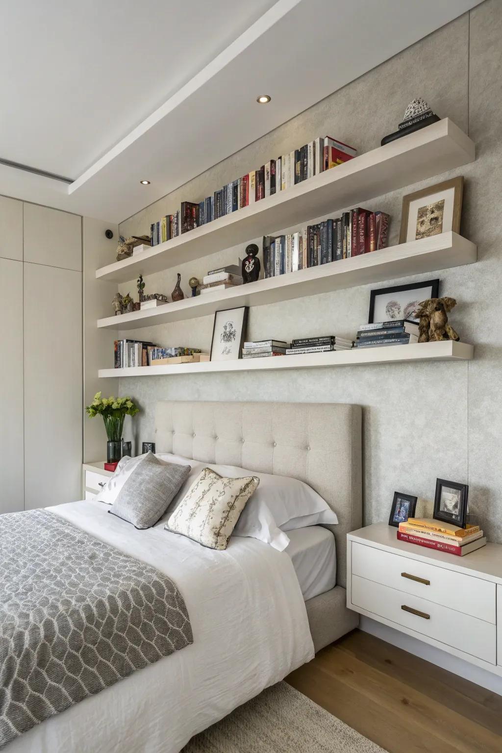 Suspended shelves present a tidy, support-free visual for your bedroom.