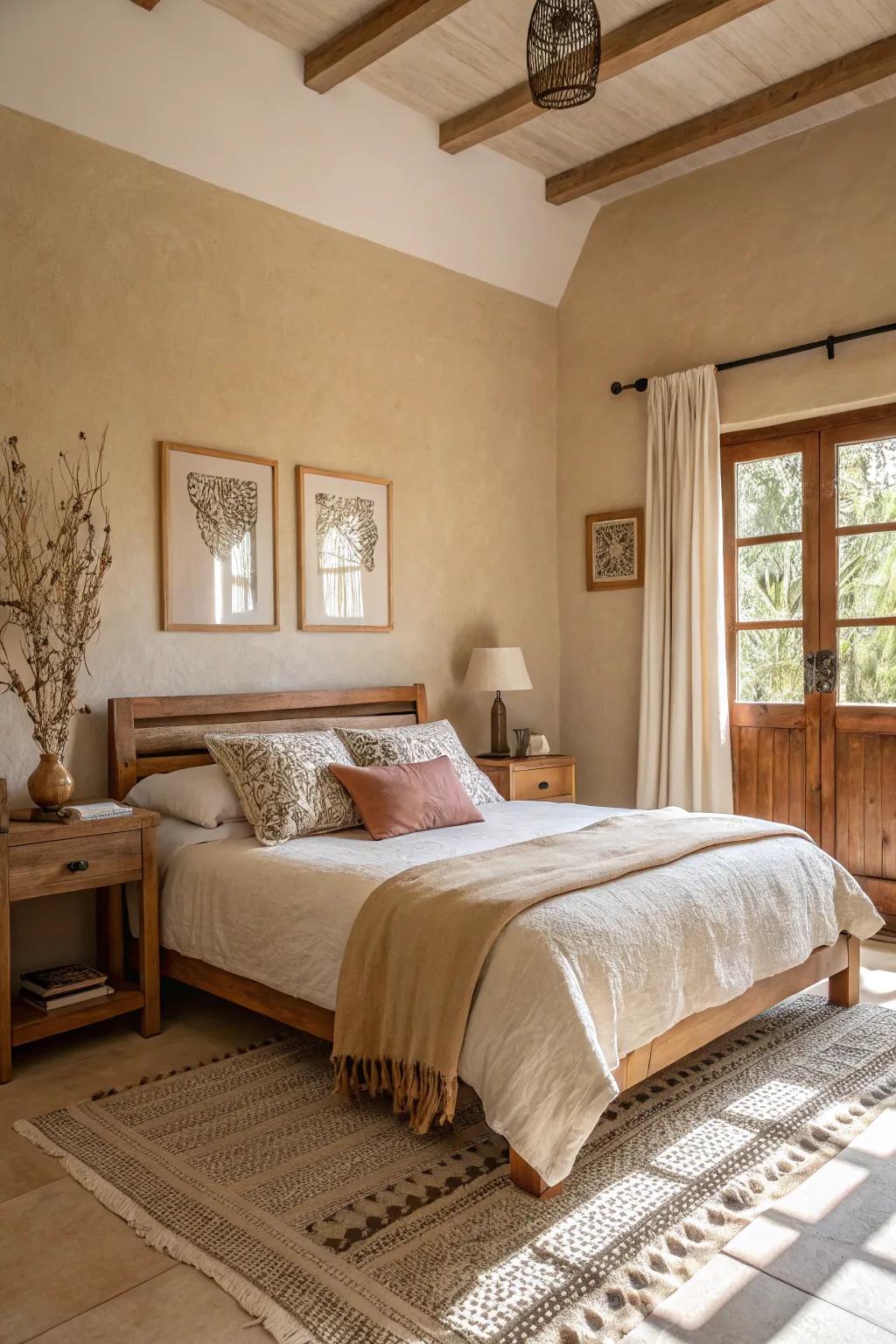 Soft shades of earth and neutrals craft a soothing, snug bedroom atmosphere.