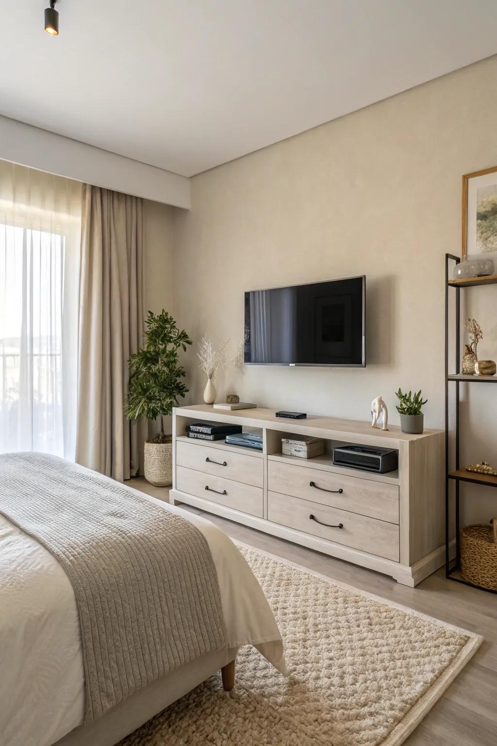 A simple TV stand can bring serenity to the space.
