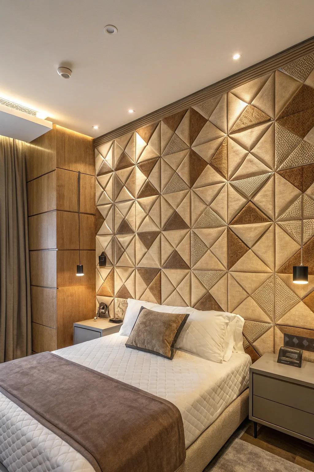 Shaped textured panels give rise to a modern and active bedroom atmosphere.