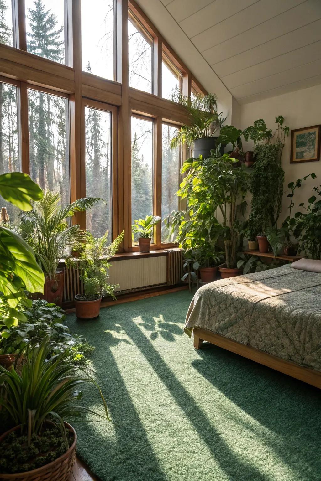 A sunlit bedroom featuring a serene combination of an emerald floor covering and indoor flora.