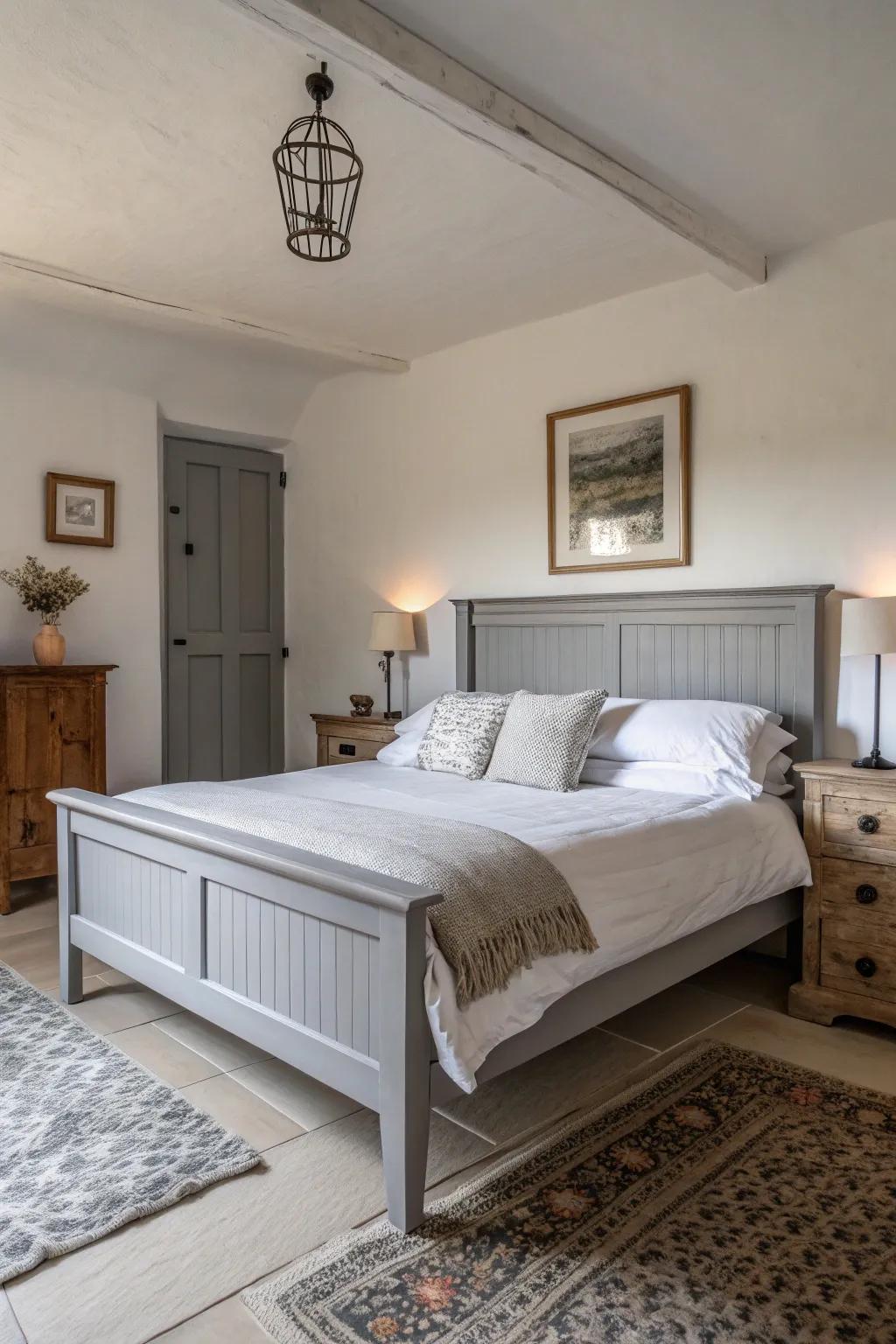 A stylish grey bed frame matched with immaculate white bedding.