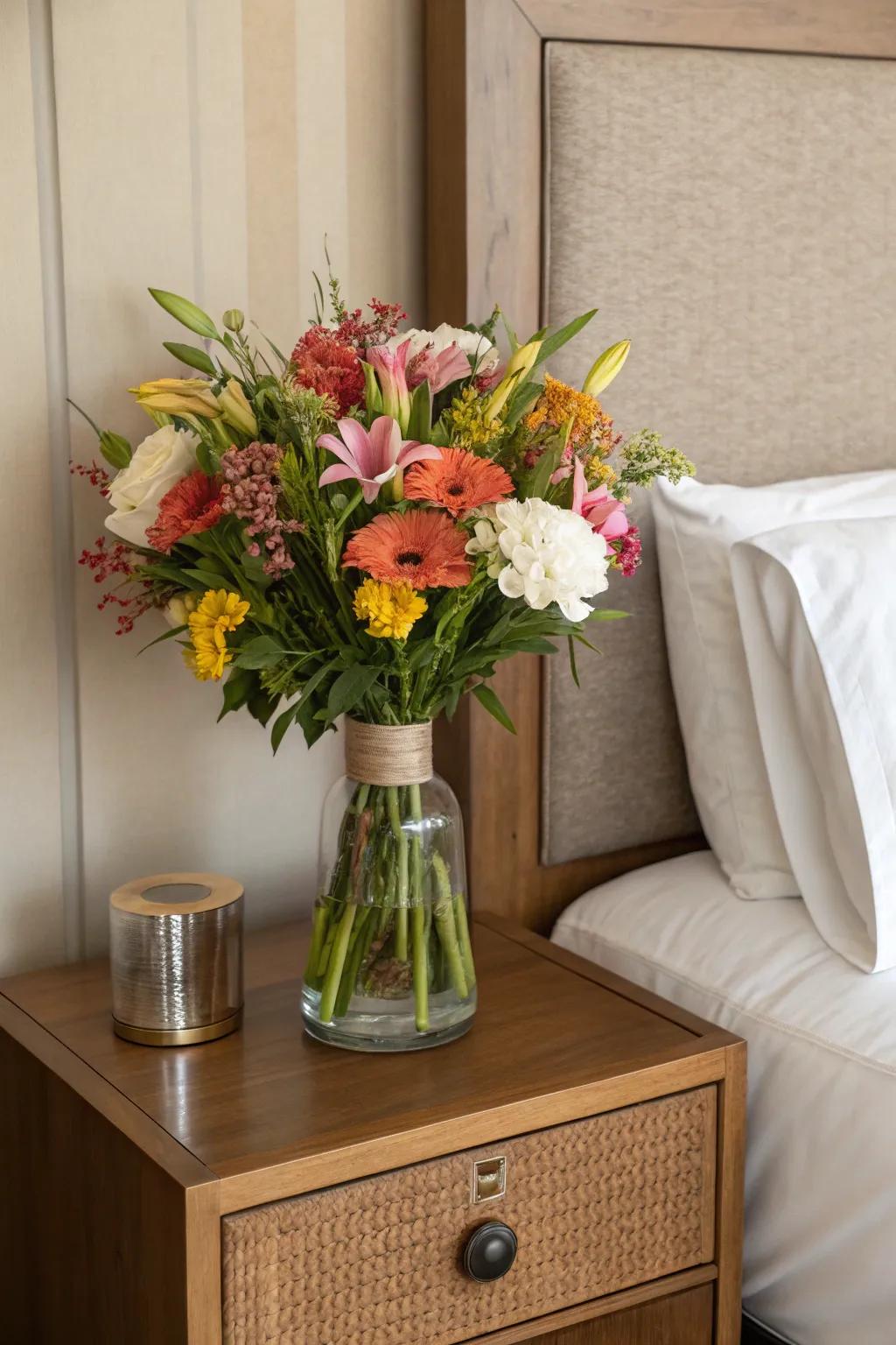 A lively vase of flowers invigorates an otherwise plain bedside setting.