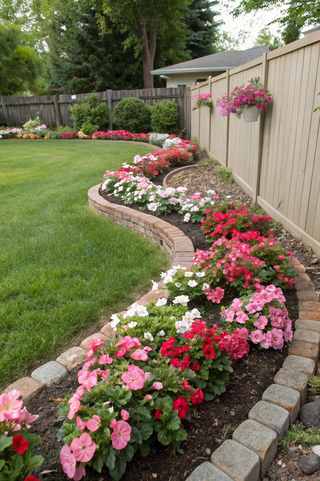 Curved begonia beds craft an easygoing, welcoming garden environment.