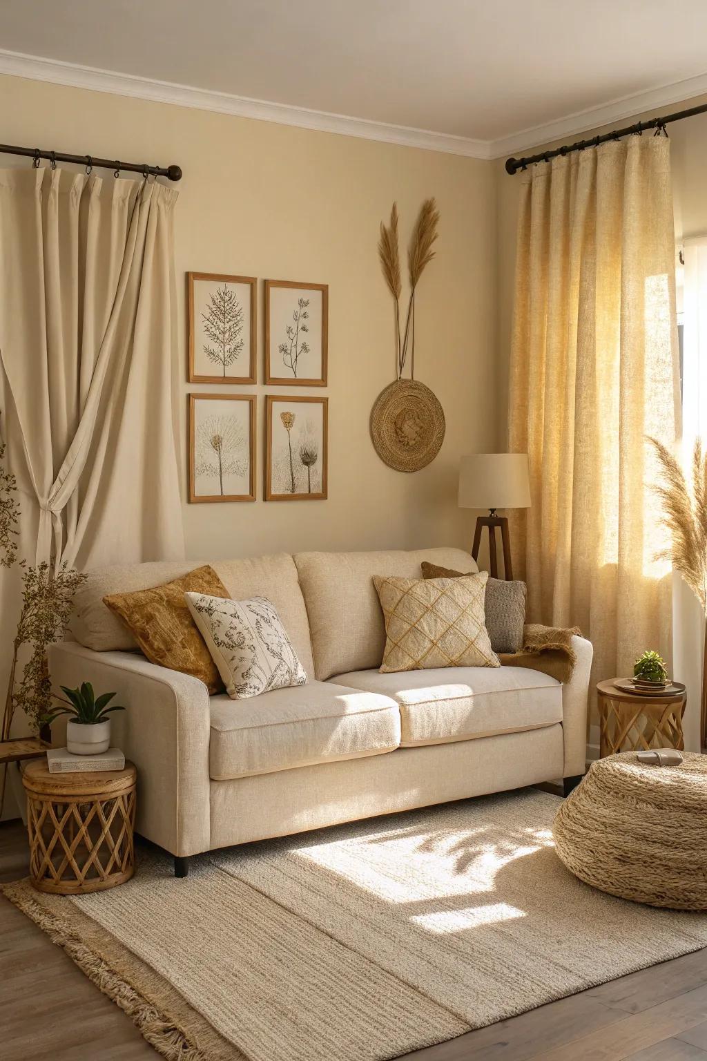 A serene monochromatic living area showcasing a sand-toned sofa complemented by matching hues.