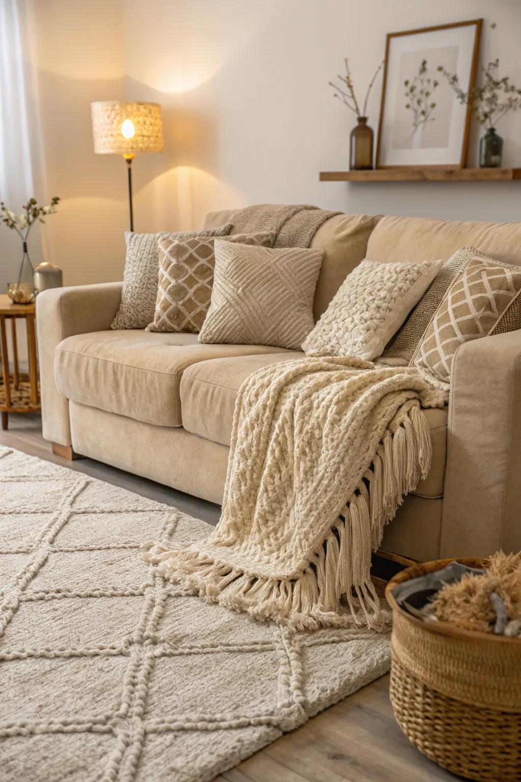 Different textures breathe life into a beige living room.