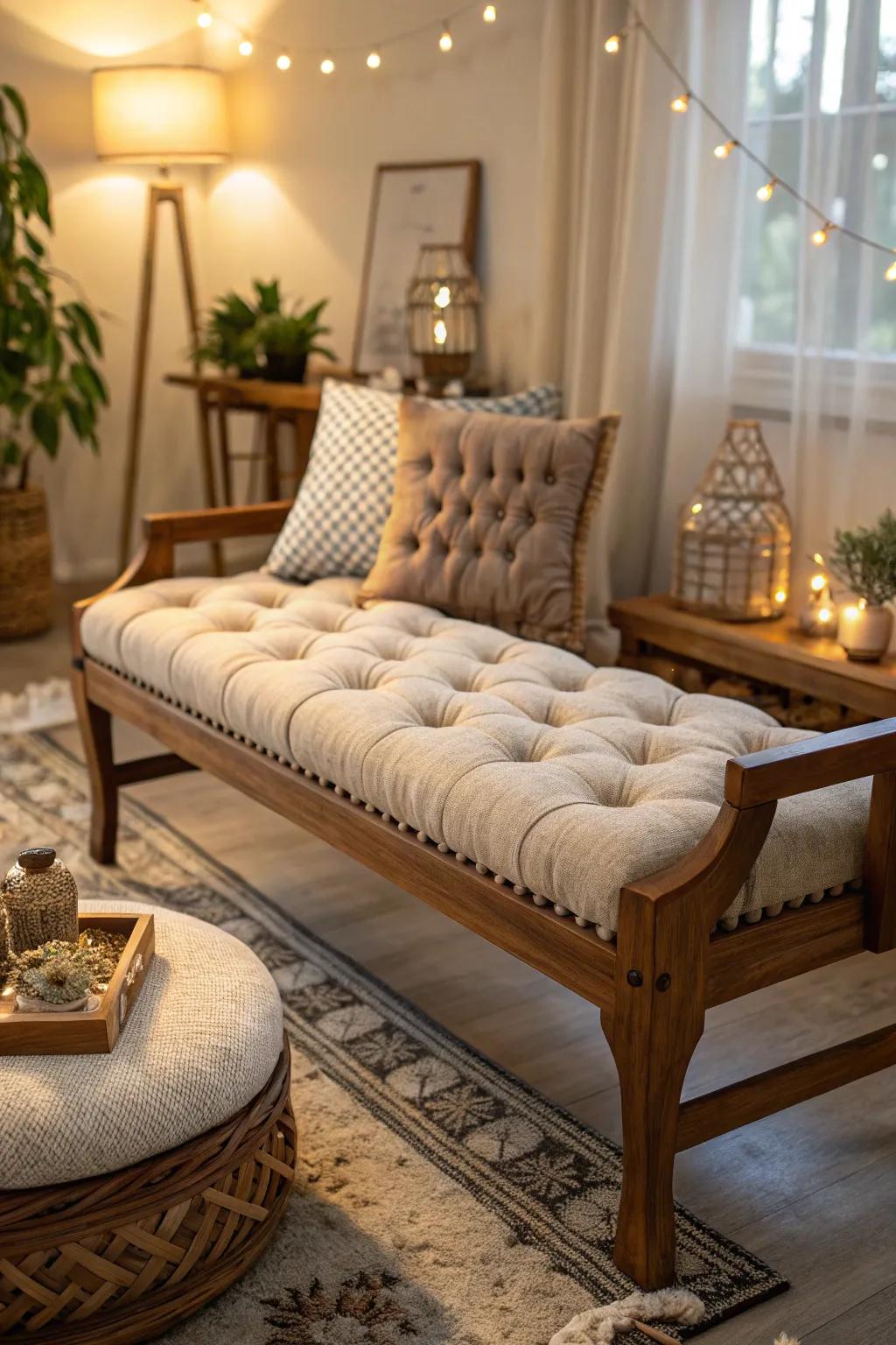 A tufted pad brings timeless sophistication to any bench.