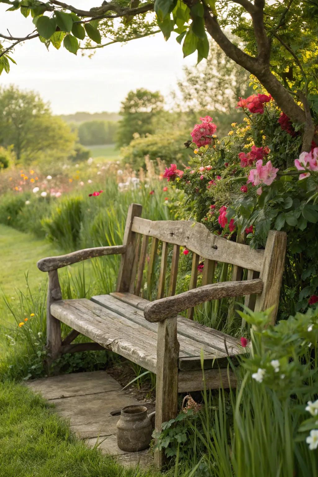 A rustic wooden bench infuses a natural charm into any garden setting.