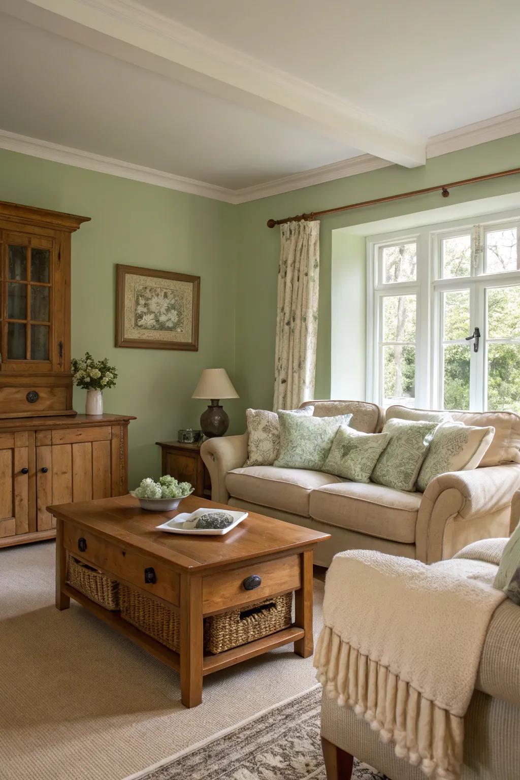 Walls in sage tone create a peaceful, welcoming sitting room.