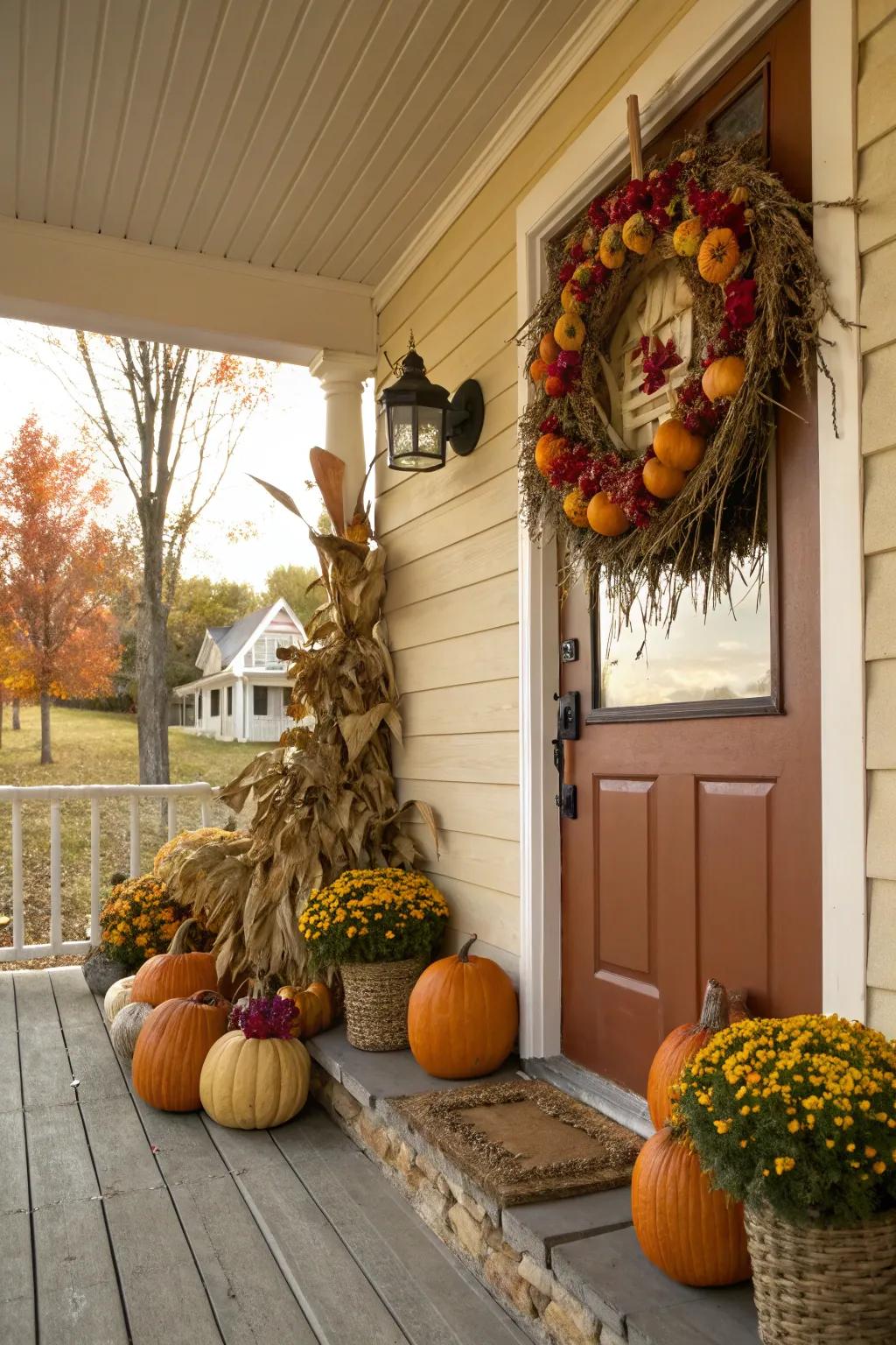 Welcome friends with a festive entrance brimming with pumpkins and autumnal allure.