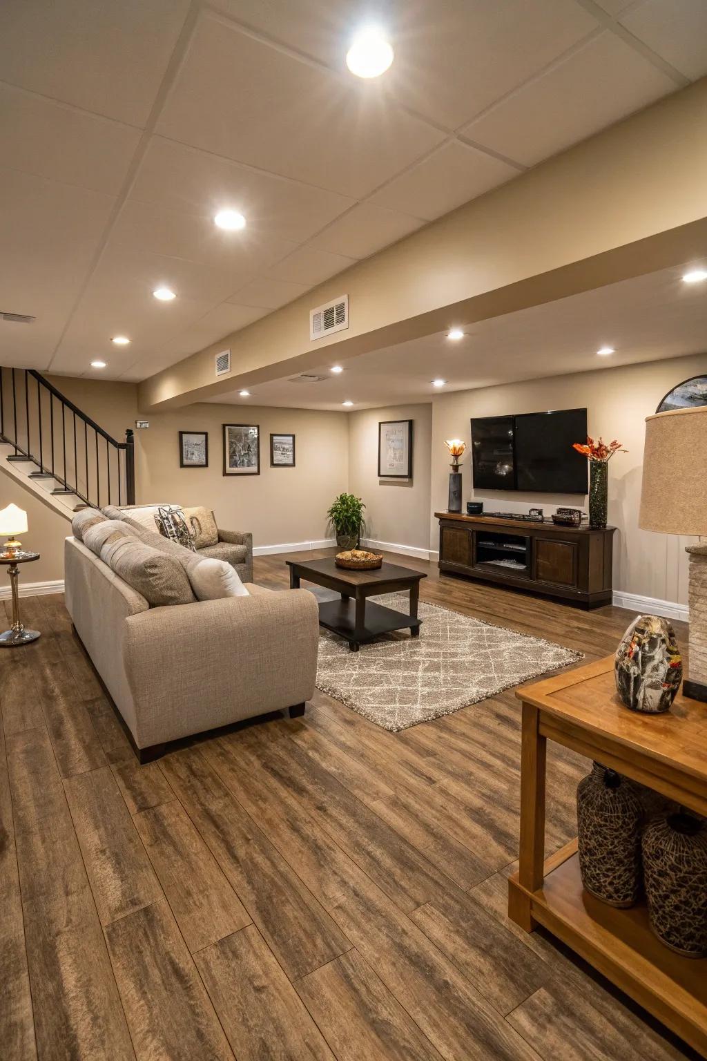 High-end vinyl planks add a touch of style and long-lasting quality to basement floors.