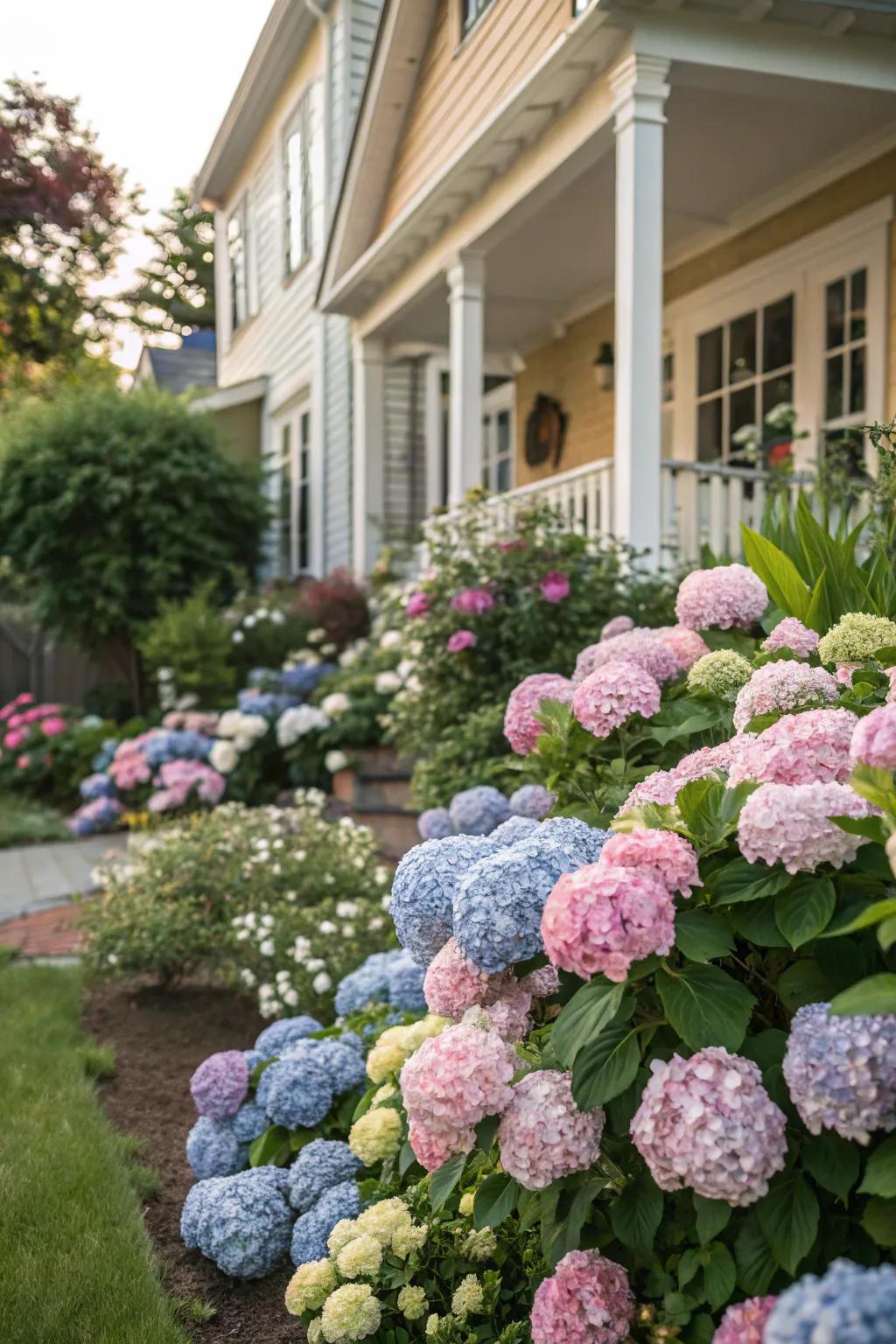 Hydrangeas present an ever-changing display of color and texture, perfect for welcoming guests.