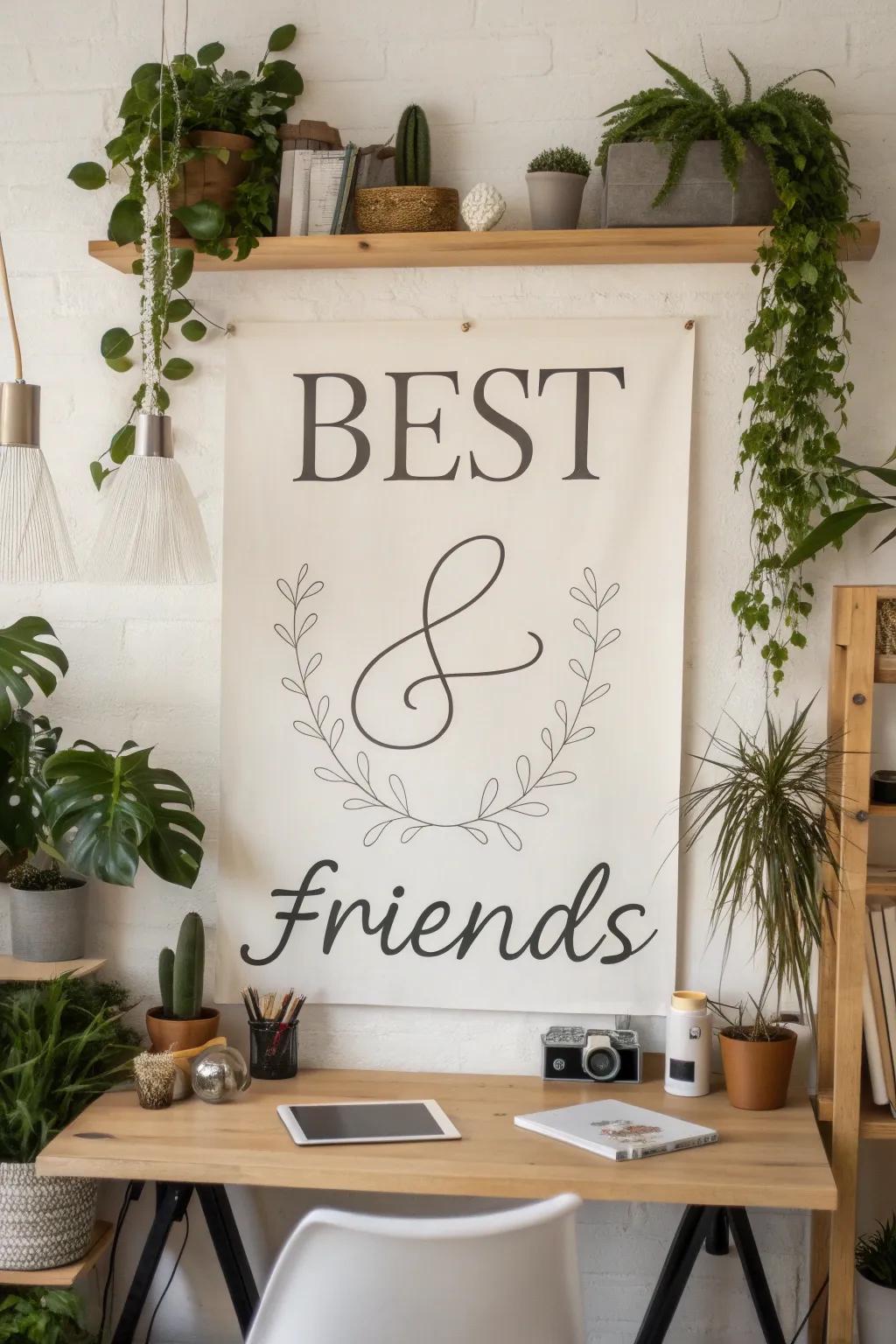 A personalized collage displaying interwoven names in a stylish home office.