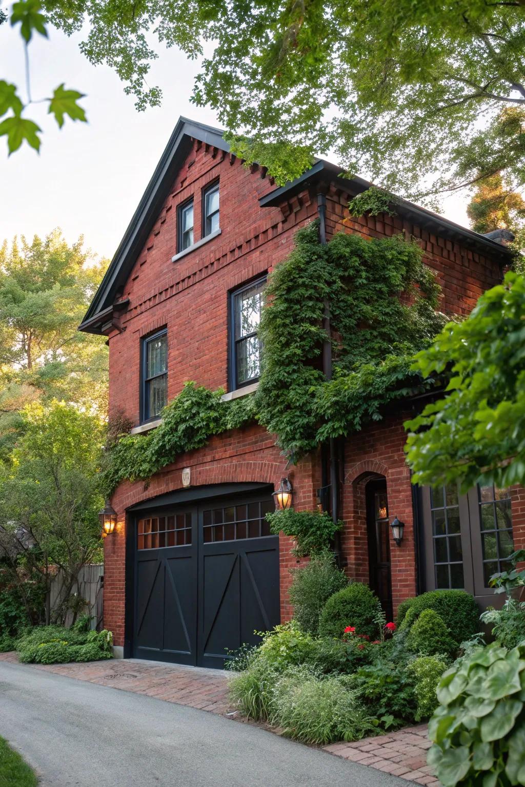 A deep black garage door introduces an element of sophistication to red brick residences.