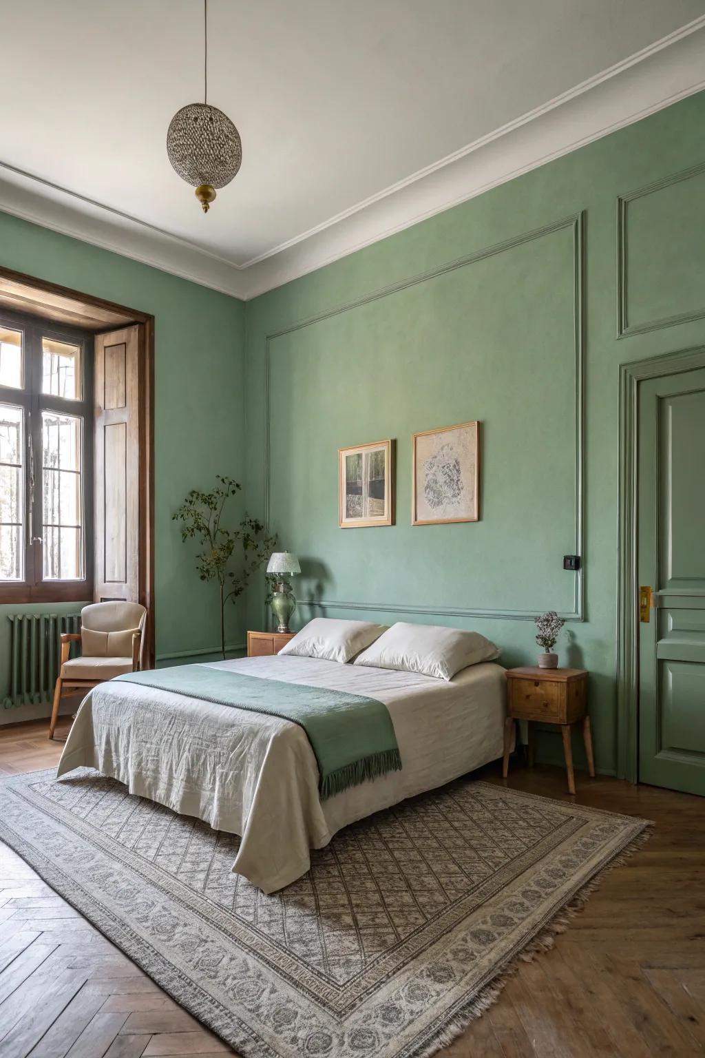 A restful bedroom retreat featuring walls painted in a soothing woodland shade.