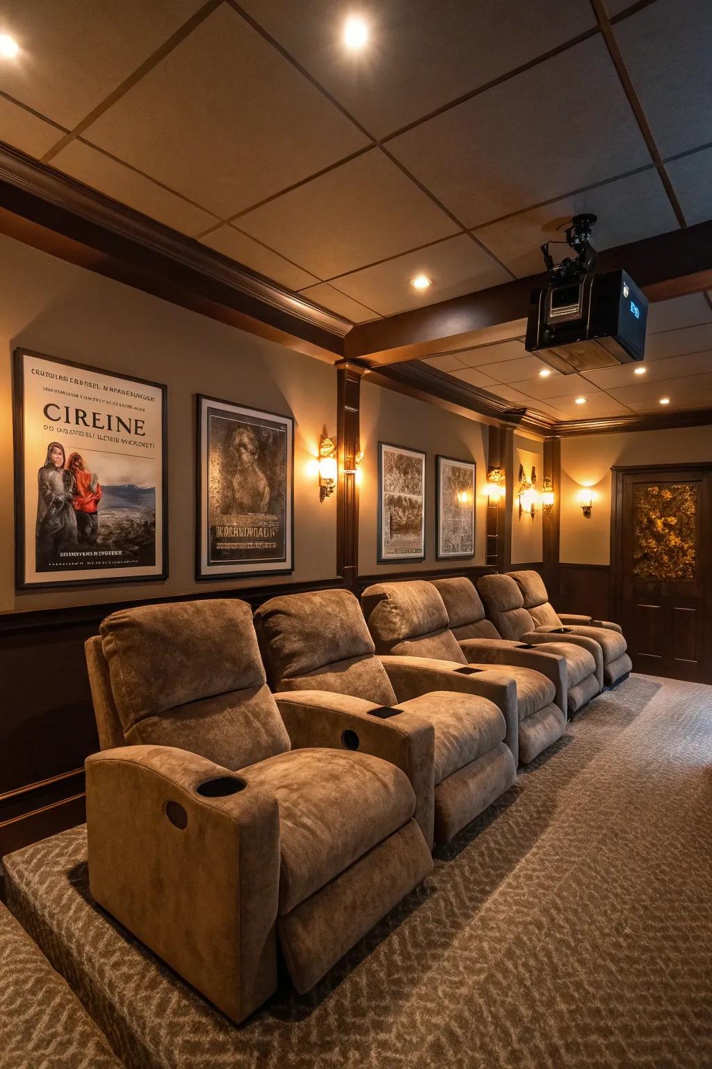 Reclining seats offering ultimate comfort in a cozy home theater setup.