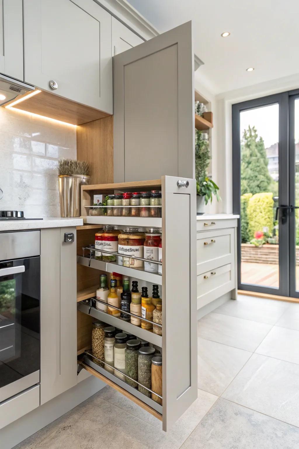 Make the most of the space with spice racks attached to the door.