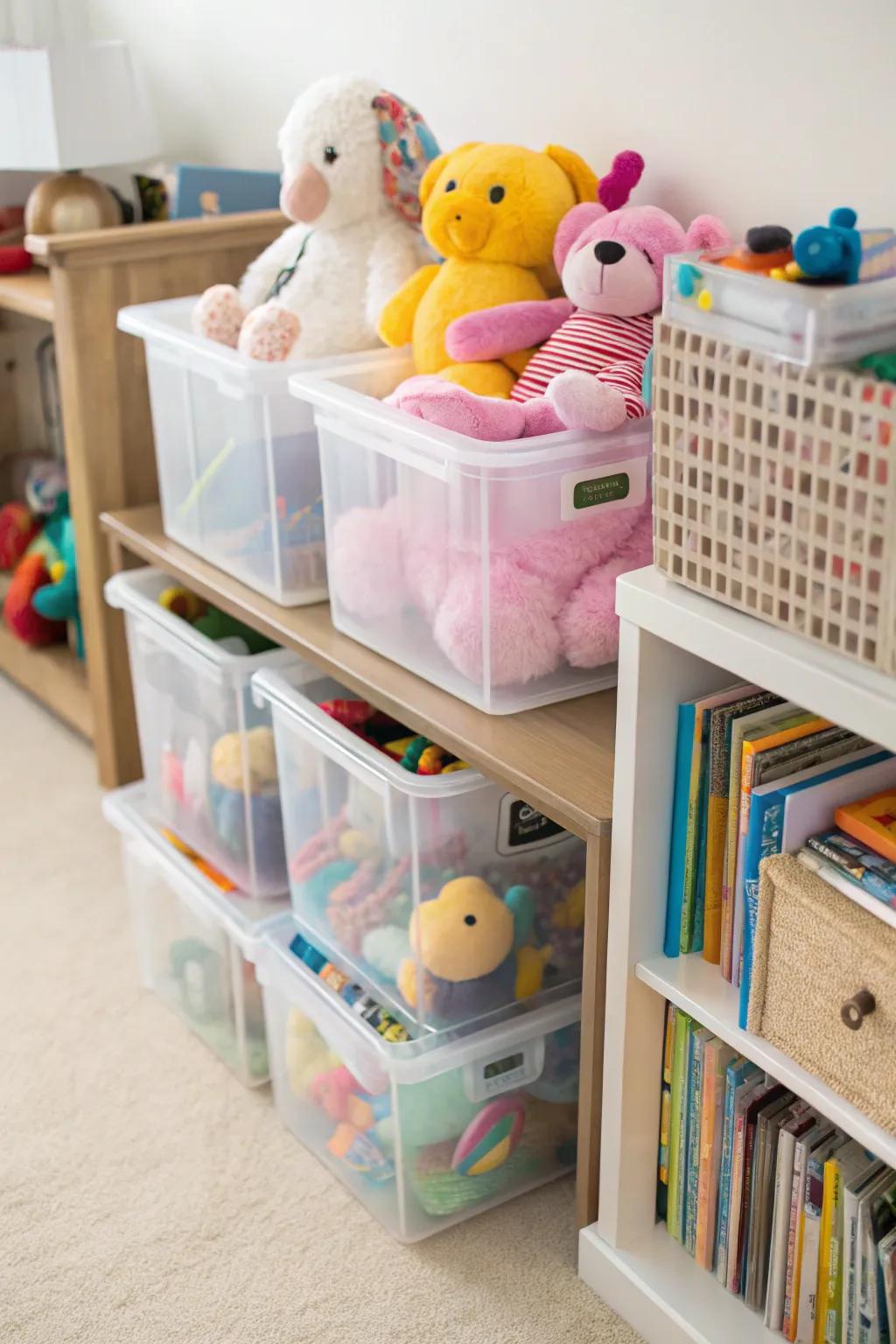 Transparent boxes keep stuffed animals visible and well-organized.