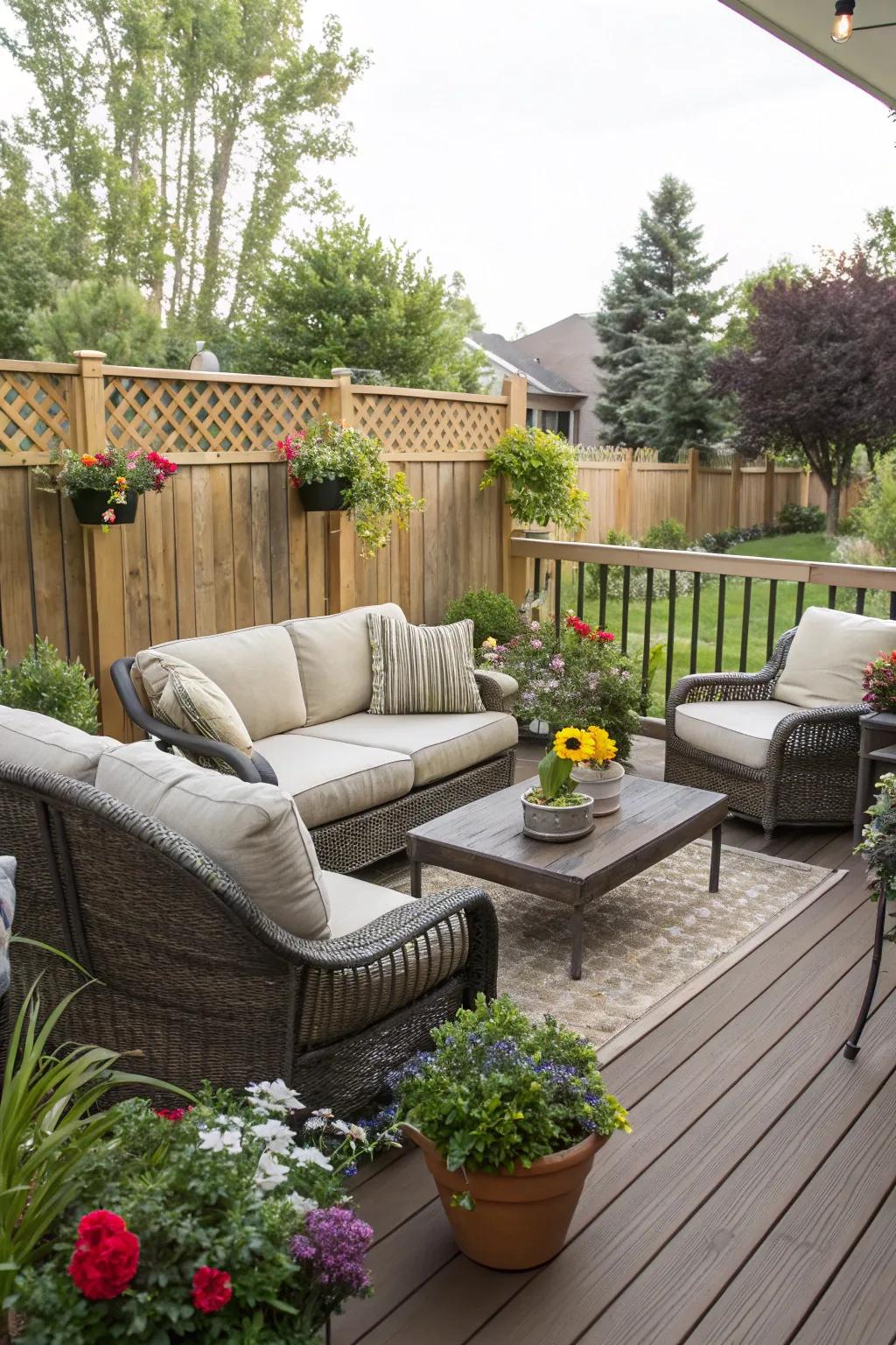 A delightful deck featuring inviting seating and lush greenery for ultimate relaxation.