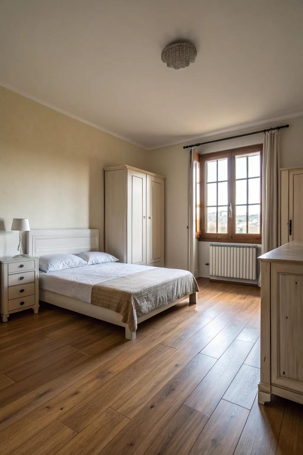 A spacious bedroom featuring minimal decor, emphasizing the open floor plan and calm atmosphere.