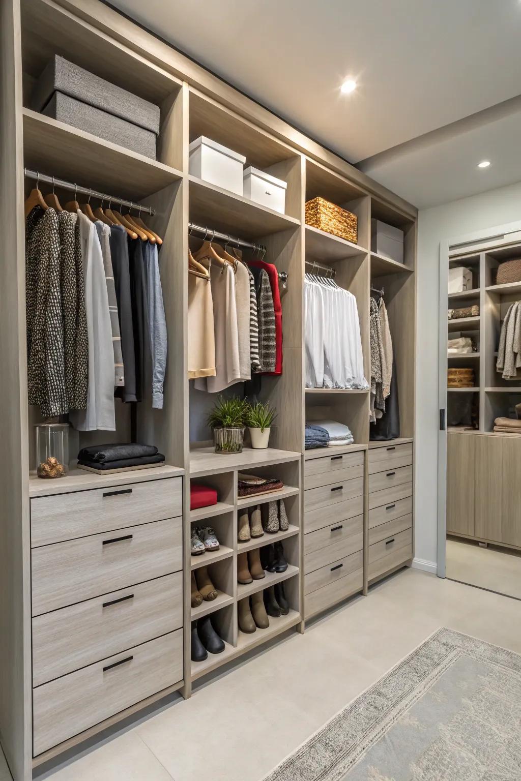 A spacious closet featuring diverse storage solutions, including drawers, shelves, and hanging rods.