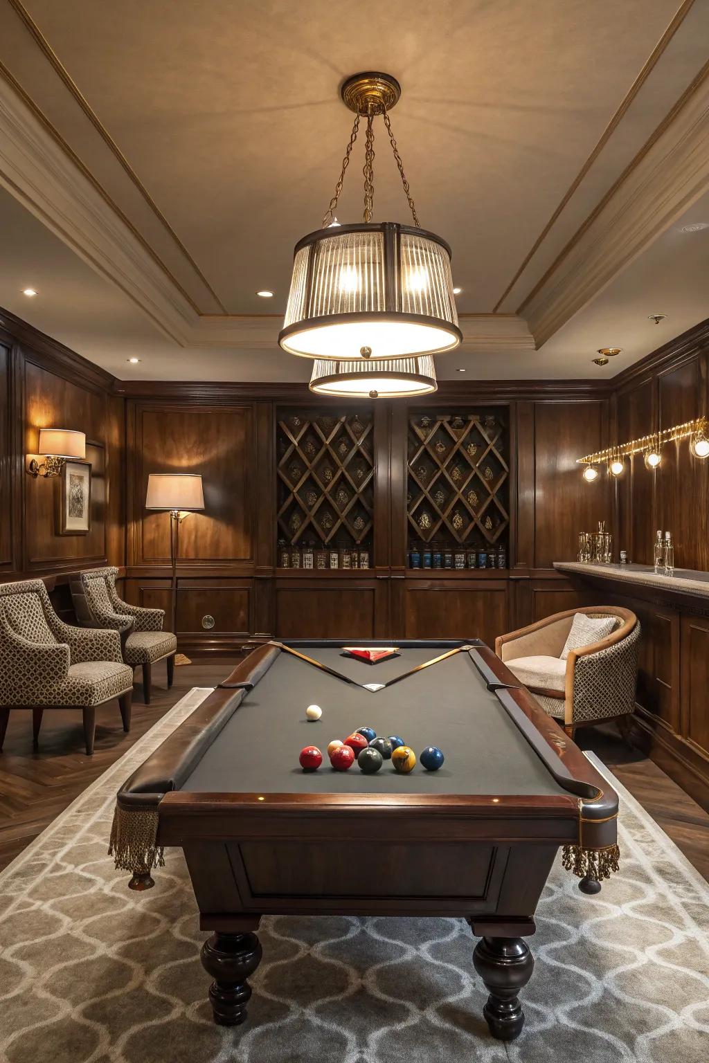A distinctive billiard table acts as the visual center in a stylish gaming room.
