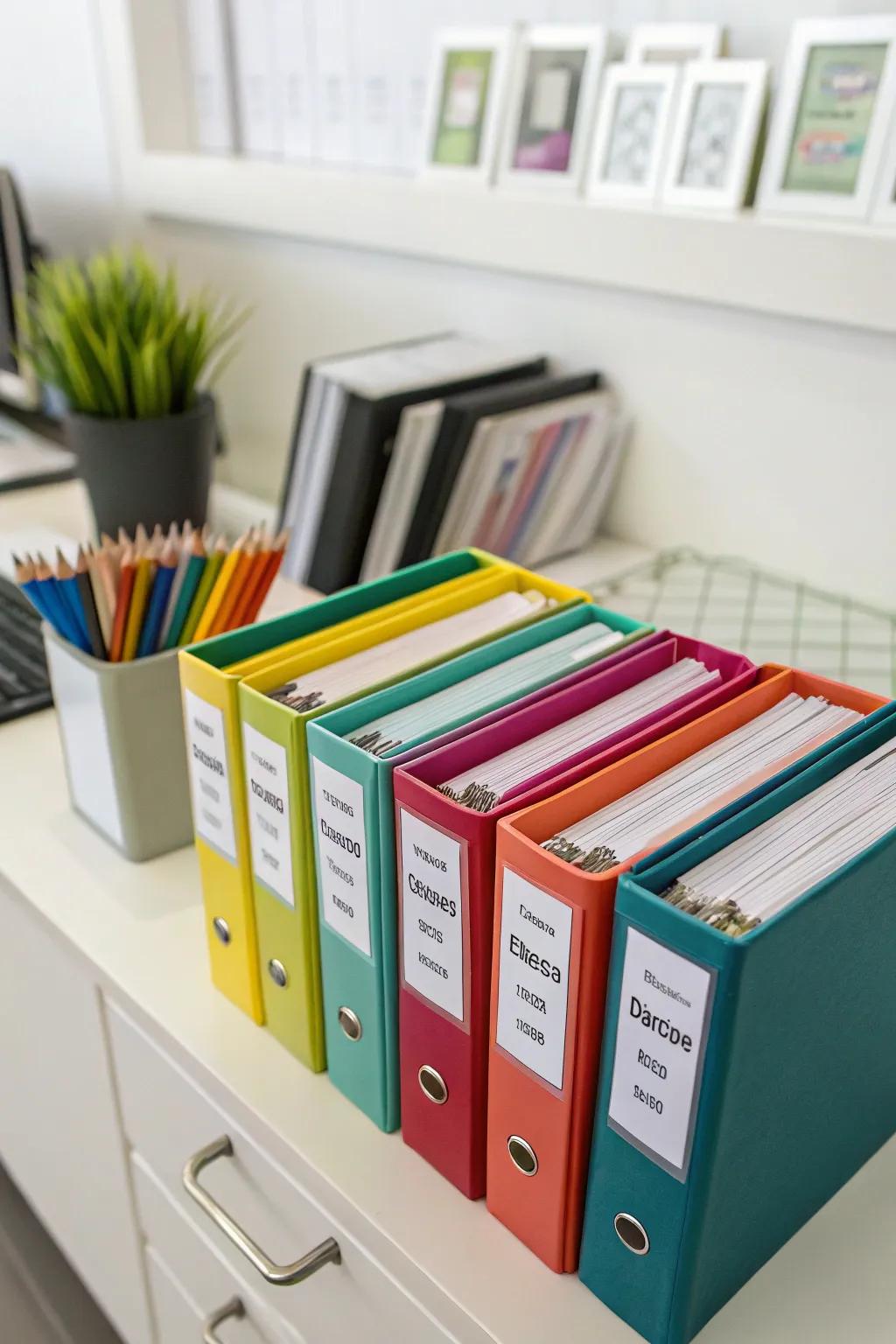 Binders arranged by color for hassle-free retrieval.