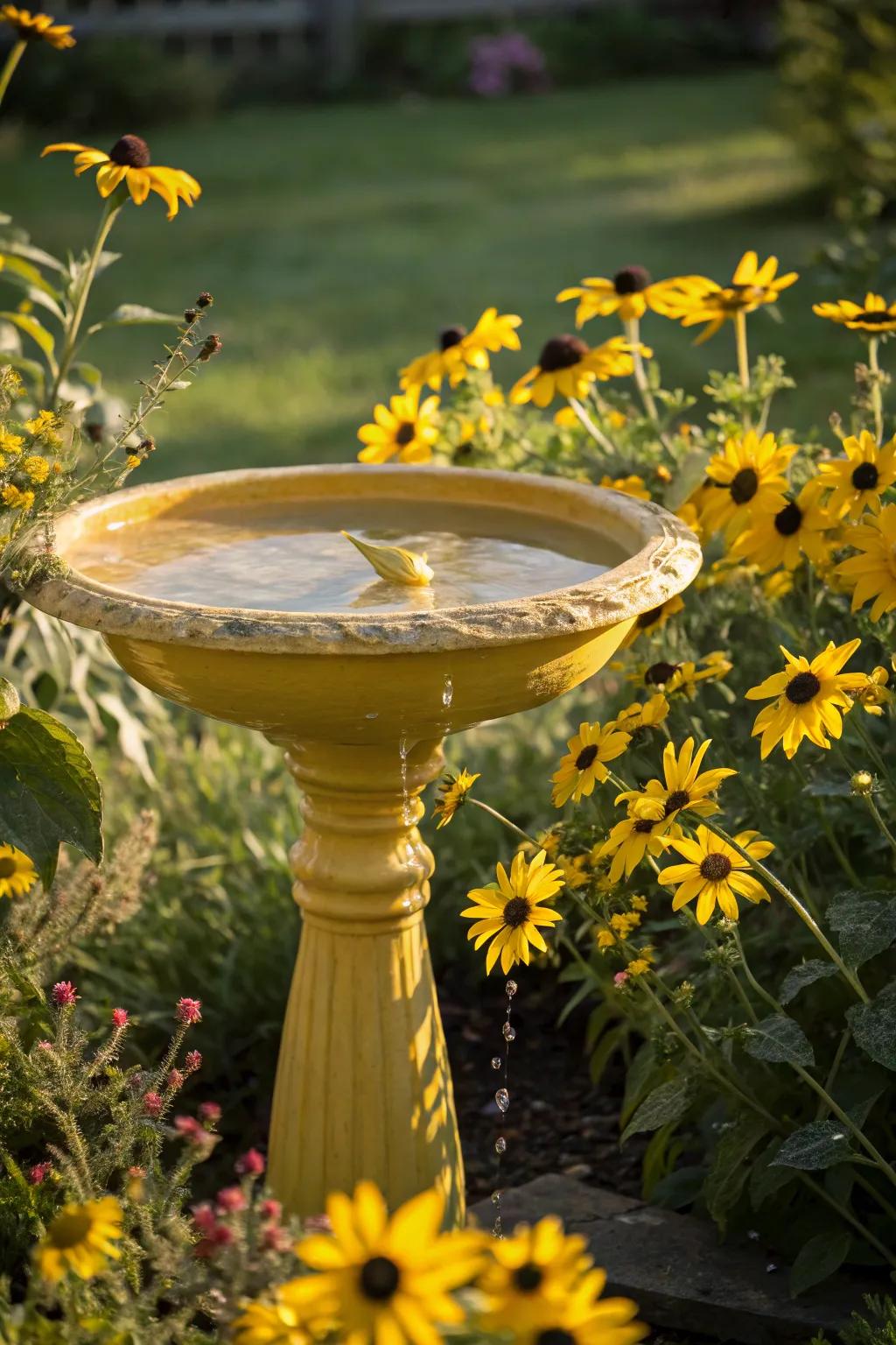 A sunny yellow bird bath snuggled among sunflowers, a haven for goldfinches and other cheerful birds.