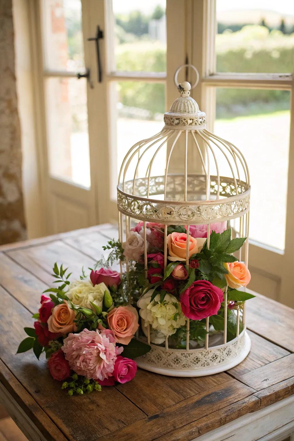 A bloom-filled bird sanctuary centerpiece radiating romantic allure.