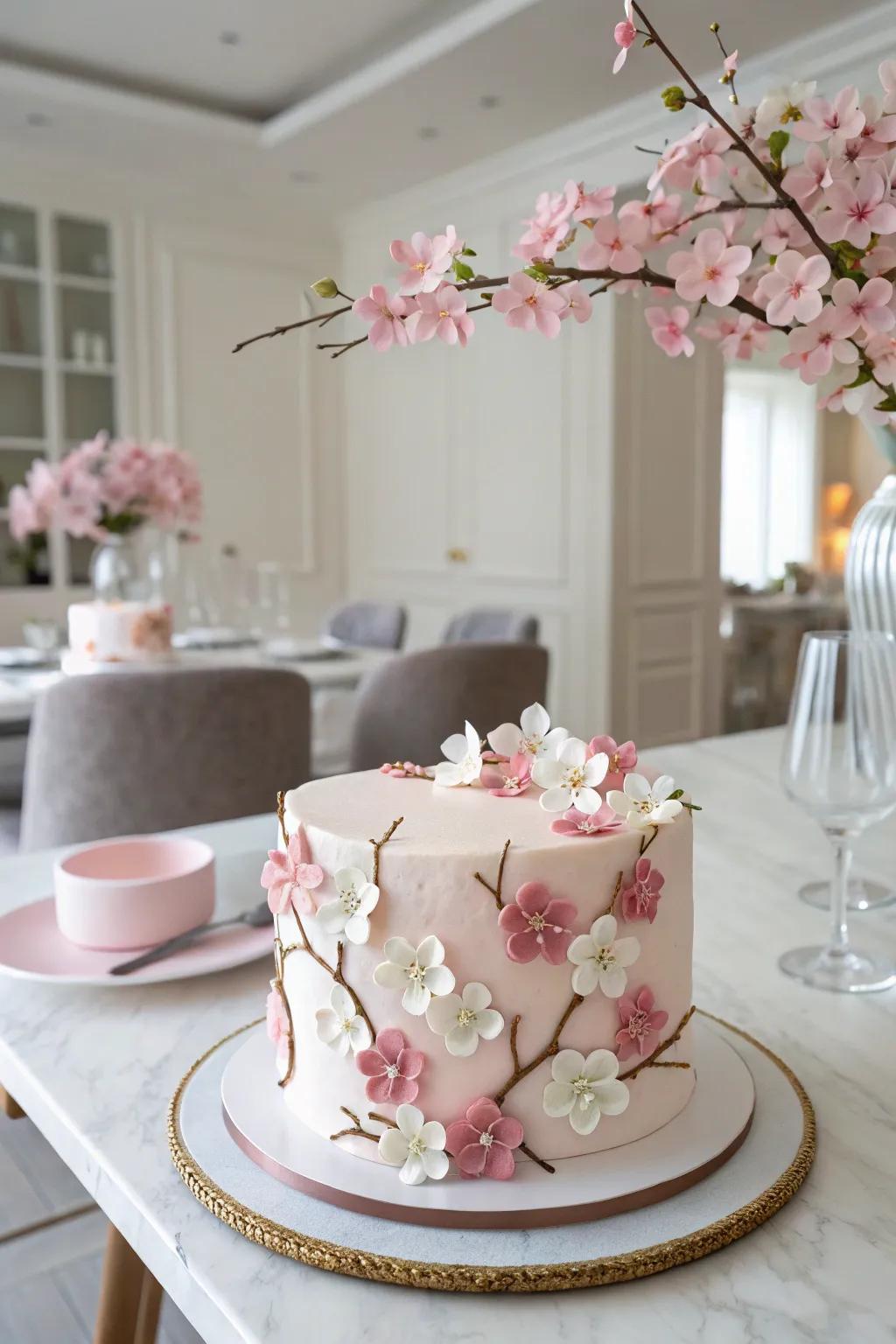 An archetypal cherry blossom cake embellished with exquisite sugar flowers.