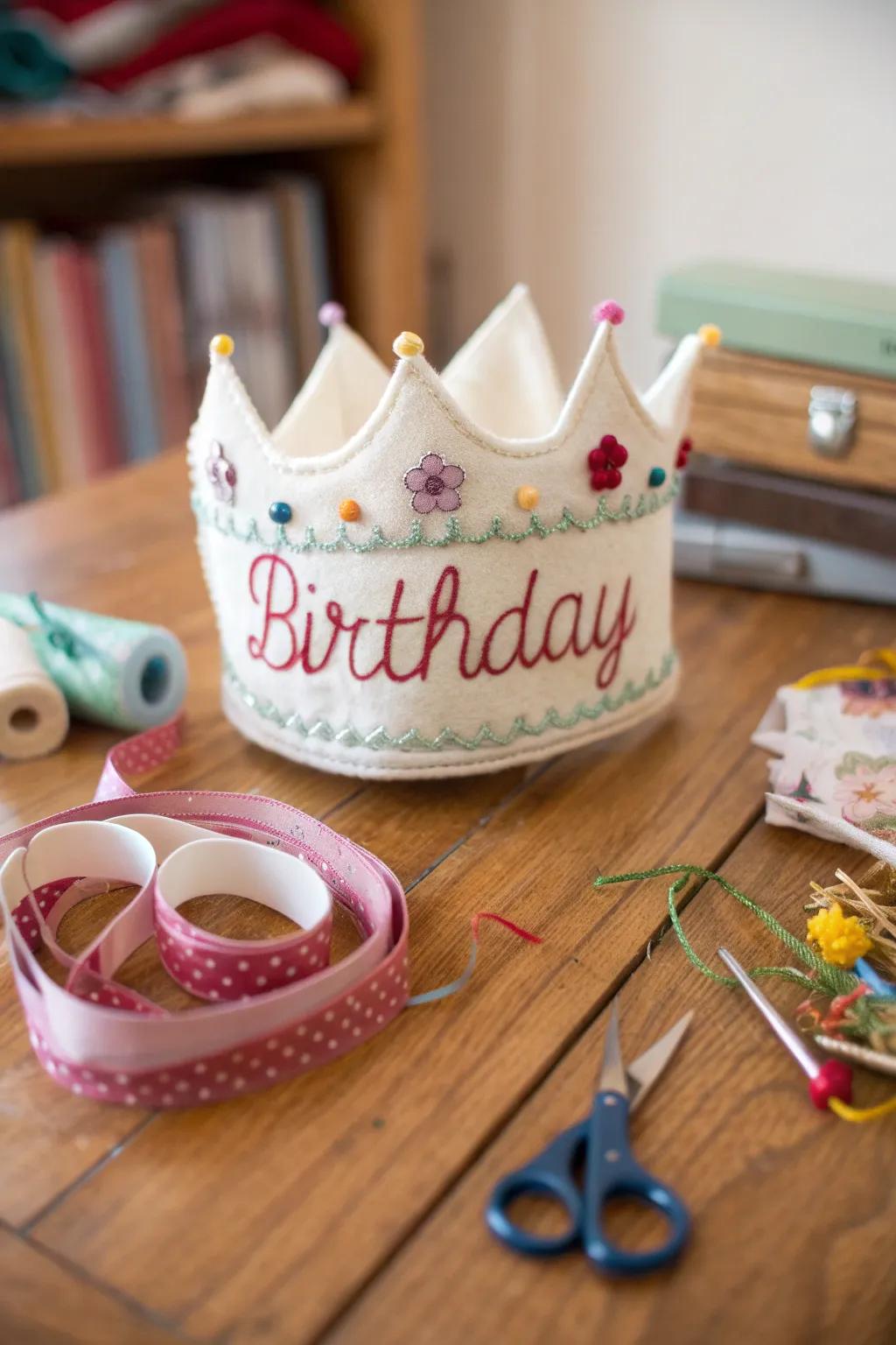 An exquisitely personalized fabric birthday crown