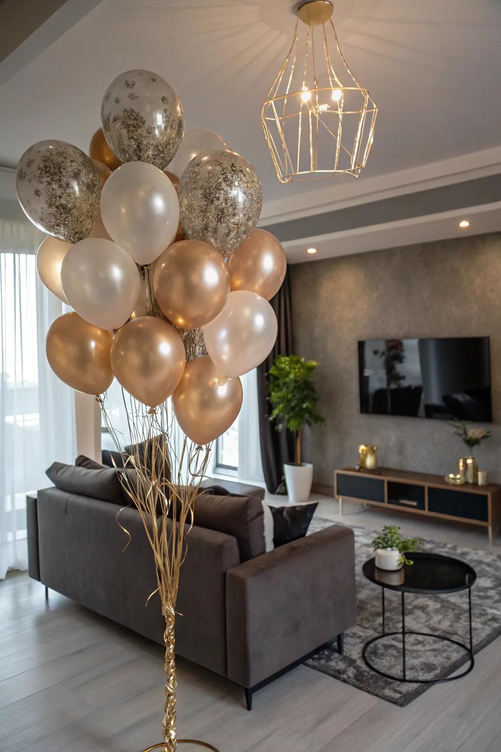Elegant metallic and matte balloon creations adding sophistication to a birthday event.