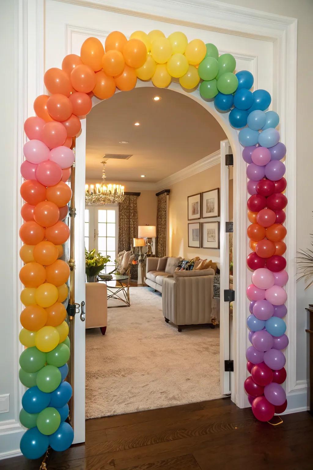 A vivid balloon arch adds a festive element to a birthday entry.