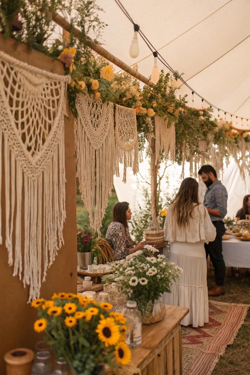 Showcase the soul of bohemian style with touches of macramé and wildflowers.
