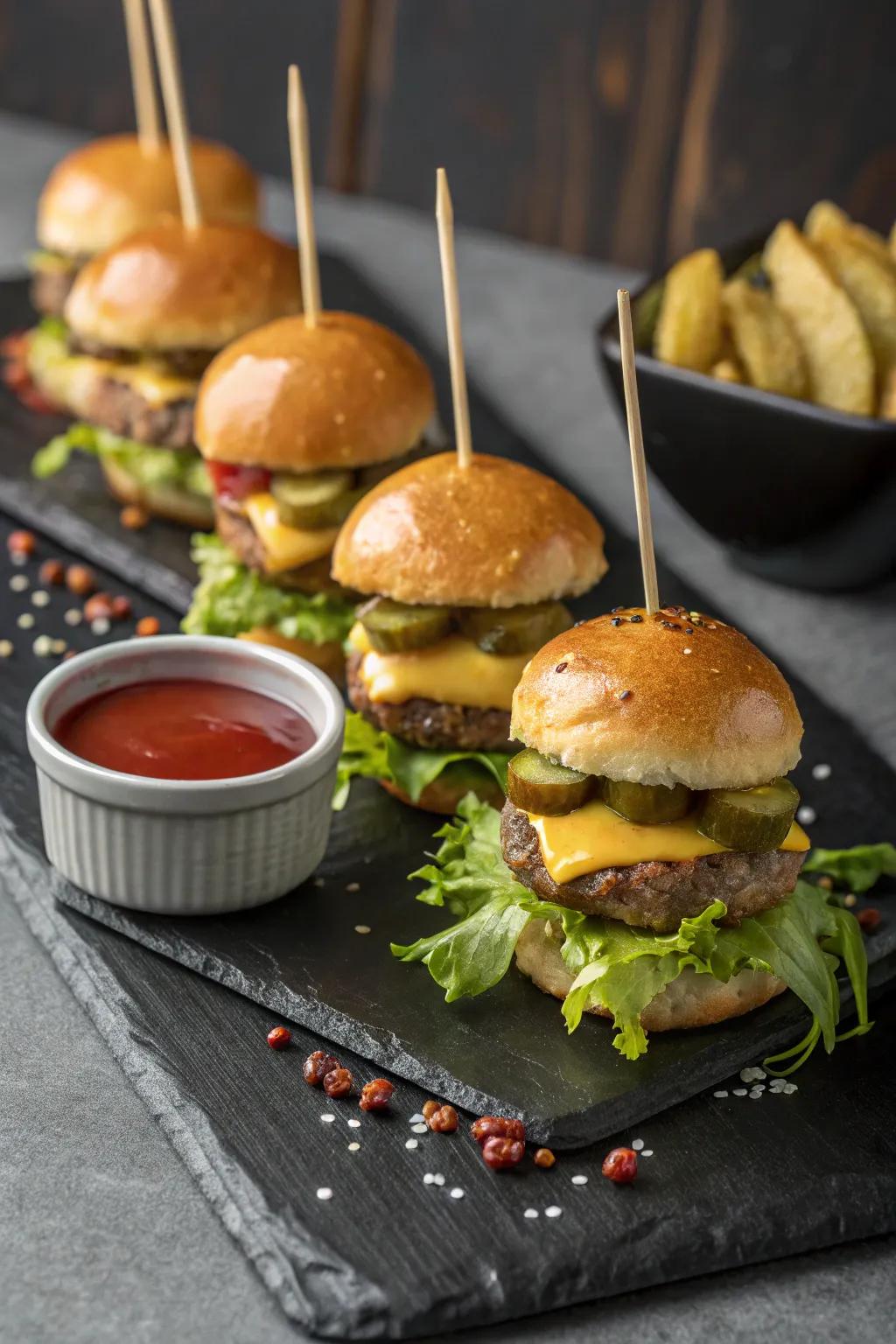 Mini burger skewers, a delightful and enjoyable way to start any party.